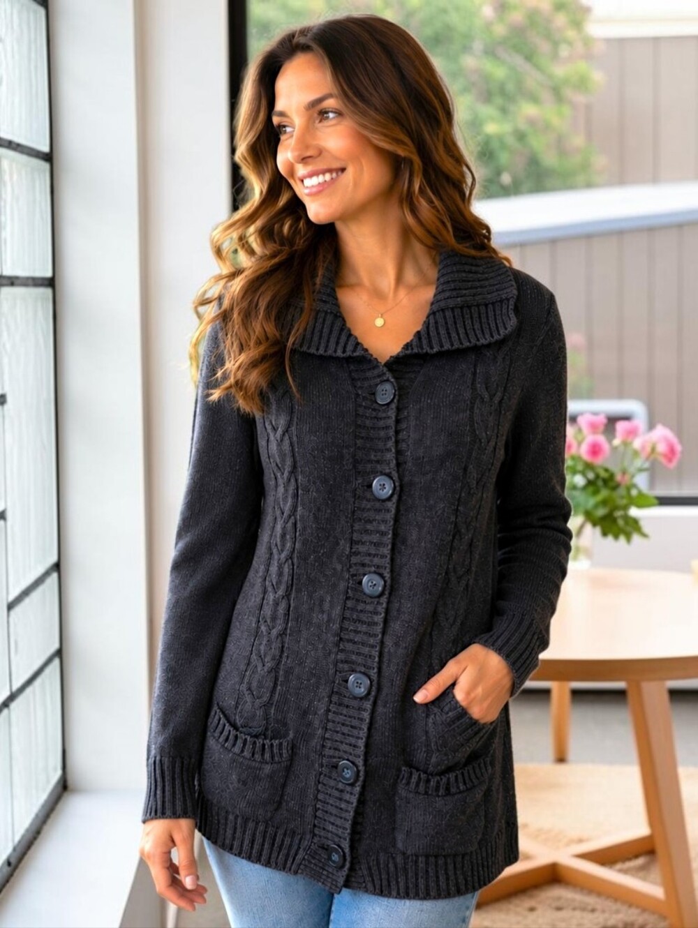Bass Button Front Cardigan M Womens Sweater Navy Blue Preppy Cable Knit‎ Chunky